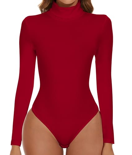 SHAPERIN Body Langarm Damen Rollkragen Bodysuits Oberteil Tanga Leotards Overall Elegant Langarmbody Rot 1# XL von SHAPERIN