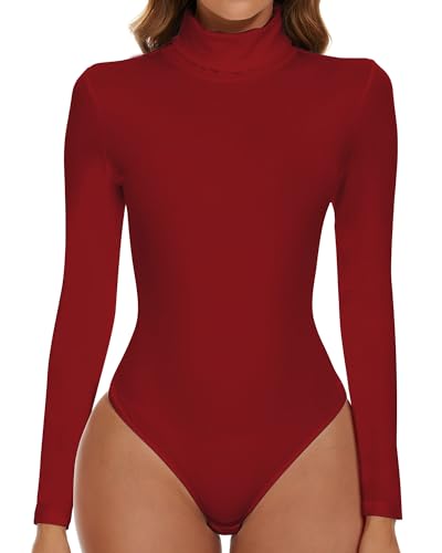 SHAPERIN Body Langarm Damen Rollkragen Bodysuits Oberteil Tanga Leotards Overall Elegant Langarmbody Rot M von SHAPERIN