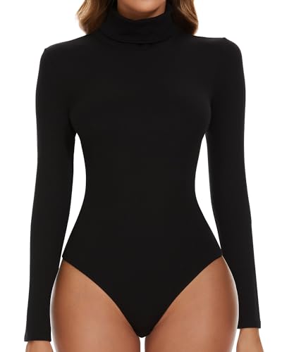 SHAPERIN Body Langarm Damen Rollkragen Bodysuits Oberteil Tanga Leotards Overall Elegant Langarmbody Schwarz M von SHAPERIN