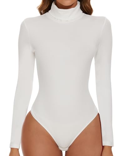 SHAPERIN Body Langarm Damen Rollkragen Bodysuits Oberteil Tanga Leotards Overall Elegant Langarmbody Weiß M von SHAPERIN