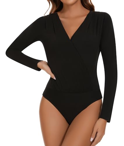 SHAPERIN Bodysuits Langarm Damen V Ausschnitt Bodies Langarmshirt Unterziehbody Tanga Long Sleeve Bodysuit Tops Schwarz #3 XL von SHAPERIN