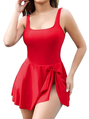 SHAPERIN Damen Badekleider Rückenfrei Einteiliger Bademode Bauchweg Badeanzug mit Röckchen Schwimmkleid Tummy Control Skirted Swimsuit, Rot, XXL von SHAPERIN