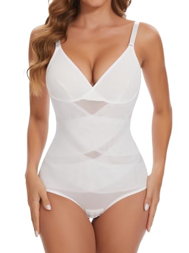 SHAPERIN Damen Bauchweg Body Shaper V-Ausschnitt Formender Body Taillenformer Nahtlose Miederbody Bodysuit Top, Weiß, S von SHAPERIN