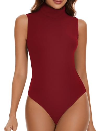 SHAPERIN Damen Body Ärmellos Bodysuit Tanga Rollkragen Schmal Oberteil Bodysuits Tops Unterziehbody Bodies Overall Rot L von SHAPERIN