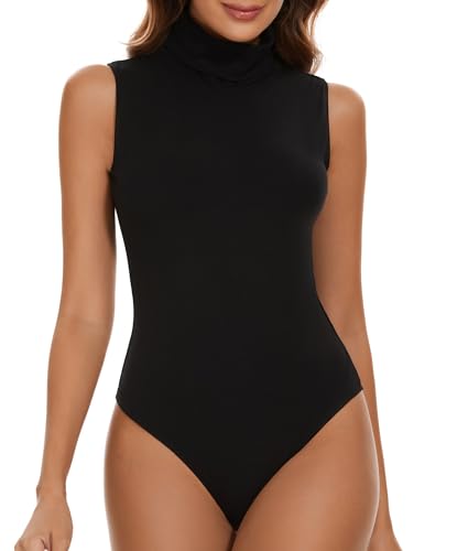 SHAPERIN Damen Body Ärmellos Bodysuit Tanga Rollkragen Schmal Oberteil Bodysuits Tops Unterziehbody Bodies Overall Schwarz L von SHAPERIN