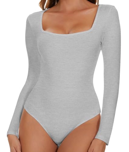 SHAPERIN Damen Body Langarm Eckiger Ausschnitt Bodysuit Langarmshirt Unterziehbody Tanga Long Sleeve Tops Damenbody Grau L von SHAPERIN