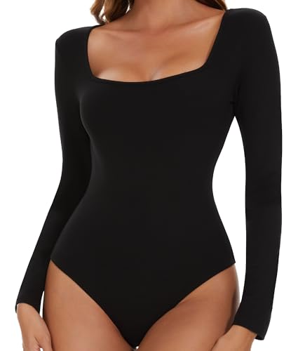 SHAPERIN Damen Body Langarm Eckiger Ausschnitt Bodysuit Langarmshirt Unterziehbody Tanga Long Sleeve Tops Damenbody Schwarz L von SHAPERIN