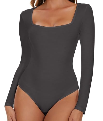 SHAPERIN Damen Body Langarm Eckiger Ausschnitt Bodysuits Oberteil Elegant Langarmbody Going Out Bodysuit Top für Frauen Dunkelgrau XXL von SHAPERIN