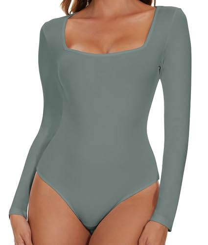 SHAPERIN Damen Body Langarm Eckiger Ausschnitt Bodysuits Oberteil Elegant Langarmbody Going Out Bodysuit Top für Frauen Grau Grün L von SHAPERIN