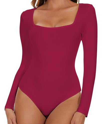 SHAPERIN Damen Body Langarm Eckiger Ausschnitt Bodysuits Oberteil Elegant Langarmbody Going Out Bodysuit Top für Frauen Lila Rot S von SHAPERIN
