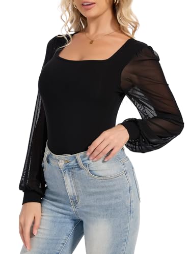 SHAPERIN Damen Body Langarm Elegant Oberteil Laternenärmel Bodysuit Eckiger Ausschnitt Bluse Tops, Schwarz, M von SHAPERIN