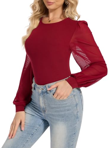 SHAPERIN Damen Body Langarm Elegant Puffärmel Oberteil Body Rundhalsausschnitt Blusenbody Mesh Bodysuit Tops, Weinrot, S von SHAPERIN