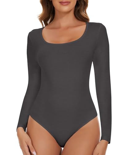 SHAPERIN Damen Body Langarm Rundhals Bodysuit Langarmshirt Damenbody Tanga Long Sleeve Bodysuits Tops Unterziehbody Dunkelgrau M von SHAPERIN