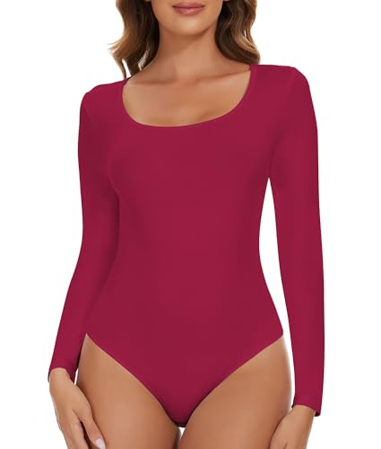 SHAPERIN Damen Body Langarm Rundhals Bodysuit Langarmshirt Damenbody Tanga Long Sleeve Bodysuits Tops Unterziehbody Lila Rot L von SHAPERIN