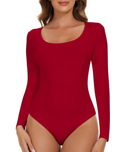 SHAPERIN Damen Body Langarm Rundhals Bodysuit Langarmshirt Damenbody Tanga Long Sleeve Bodysuits Tops Unterziehbody Rot 1# XXL von SHAPERIN