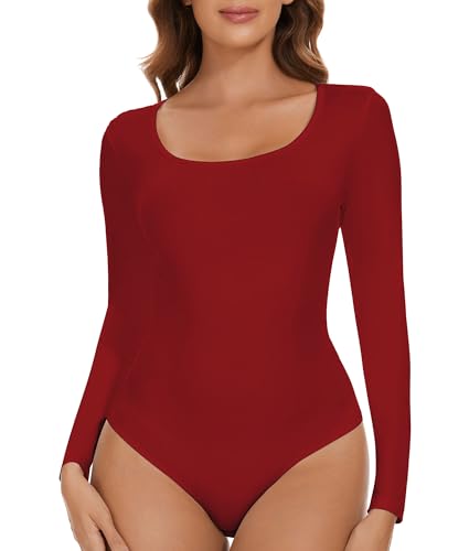 SHAPERIN Damen Body Langarm Rundhals Bodysuit Langarmshirt Unterziehbody Tanga Long Sleeve Tops Damenbody Rot M von SHAPERIN