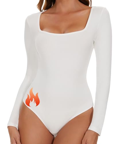 SHAPERIN Damen Body Langarm Thermo Langarmbody Eckiger Ausschnitt Innenfleece Thermobody Warm für Winter Weiß-Thermo M von SHAPERIN
