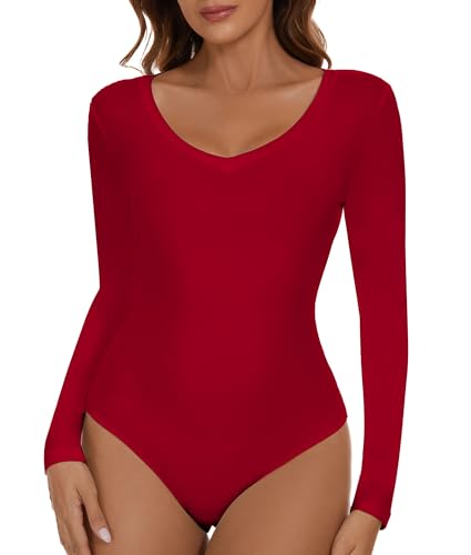 SHAPERIN Damen Body Langarm V-Ausschnitt Bodysuit Langarmshirt Damenbody Tanga Long Sleeve Bodysuits V Neck Tops Unterziehbody Rot 1# XXL von SHAPERIN