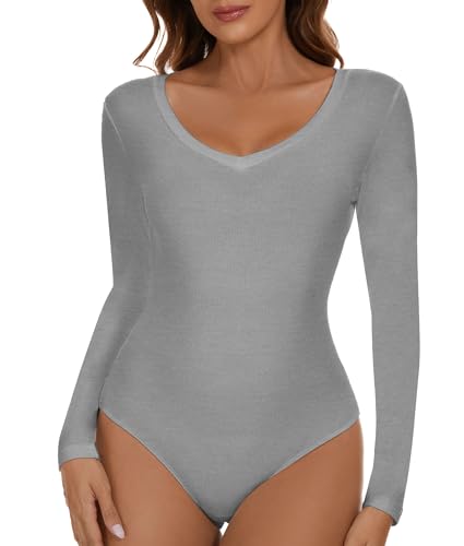 SHAPERIN Damen Body Langarm V-Ausschnitt Bodysuit Langarmshirt Unterziehbody Tanga Long Sleeve Tops Damenbody Grau L von SHAPERIN