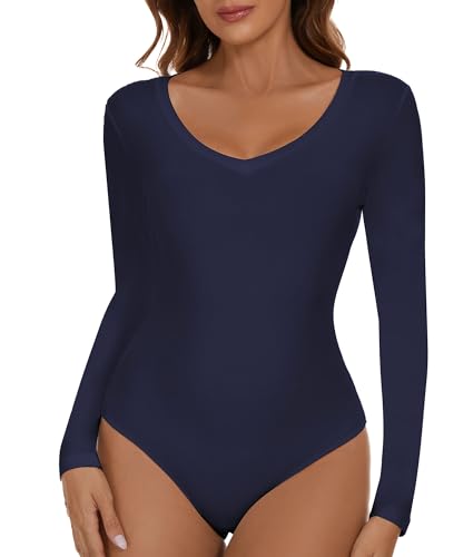 SHAPERIN Damen Body Langarm V-Ausschnitt Bodysuit Langarmshirt Unterziehbody Tanga Long Sleeve Tops Damenbody Navy Blau M von SHAPERIN