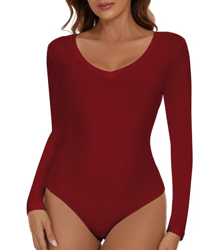 SHAPERIN Damen Body Langarm V-Ausschnitt Bodysuit Langarmshirt Unterziehbody Tanga Long Sleeve Tops Damenbody Rot L von SHAPERIN