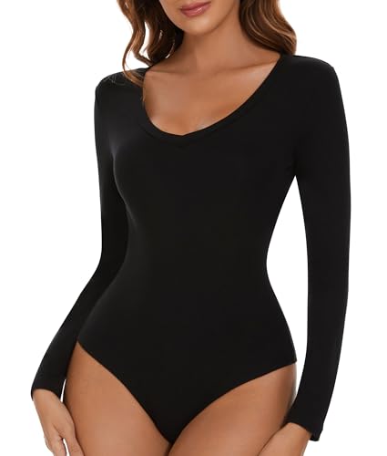 SHAPERIN Damen Body Langarm V-Ausschnitt Bodysuit Langarmshirt Unterziehbody Tanga Long Sleeve Tops Damenbody Schwarz L von SHAPERIN