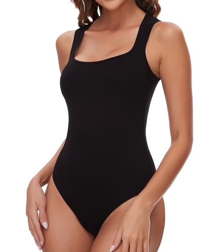 SHAPERIN Damen Bodysuit Ärmellos Eckiger Ausschnitt Bodies Stringbody Unterziehbody Sleeveless Bodysuits Oberteil Elegant Schwarz-Ärmellos S von SHAPERIN