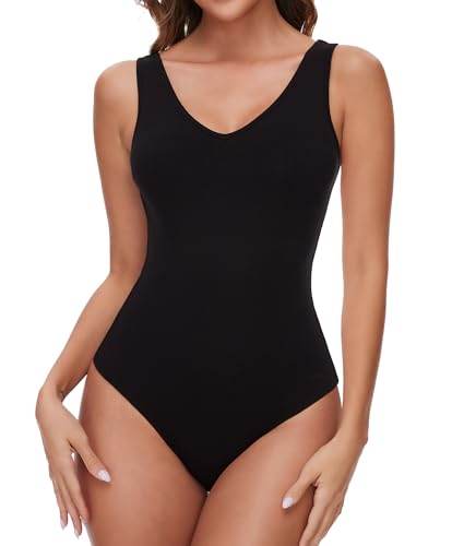 SHAPERIN Damen Bodysuit Ärmellos V Ausschnitt Bodies Stringbody Unterziehbody Sleeveless Bodysuits Oberteil Sexy Gerippter Top Schwarz-Ärmellos L von SHAPERIN