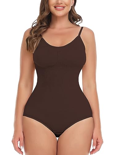 SHAPERIN Damen Bodysuit Figurenformend Body Shaper Bauchweg Shapewear Verstellbarer Schultergurt Tummy Control Miederbody Braun 2XL von SHAPERIN