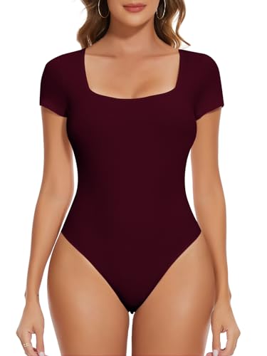 SHAPERIN Damen Bodysuit Top Body Kurzarm mit Quadratischem Ausschnitt Tshirt Oberteil Einfarbig Sommer Tops Stringbody, Weinrot, M von SHAPERIN