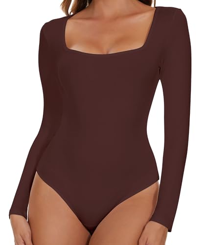 SHAPERIN Damen Body Langarm Eckiger Ausschnitt Bodysuits Oberteil Elegant Langarmbody Going Out Bodysuit Top für Frauen Braun L von SHAPERIN
