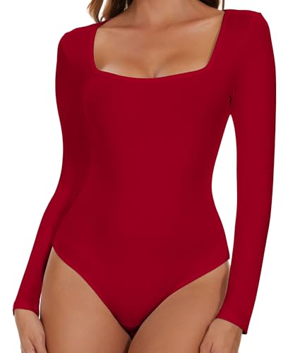 SHAPERIN Damen Body Langarm Eckiger Ausschnitt Bodysuits Oberteil Elegant Langarmbody Going Out Bodysuit Top für Frauen Rot L von SHAPERIN