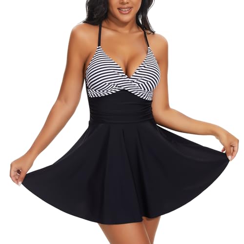 SHAPERIN Damen Einteiliger Badekleid V-Ausschnitt Badeanzug Bauchweg Rückenfrei Badeanzugkleid Ruched Baderock Strandbadeanzug Retro Schwimmrock Gestreift 2# XL von SHAPERIN