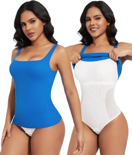 SHAPERIN Damen Figurformend BH-Hemd Eckiger Ausschnitt Ärmellos Shapewear Bauchweg Bodysuit Sleeveless Oberteile Sommer Built-in Bra Tank Top Blau S von SHAPERIN