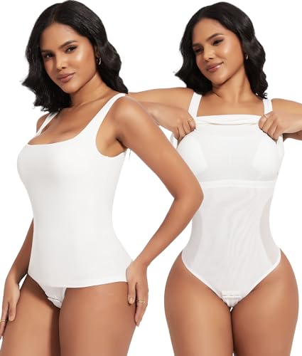 SHAPERIN Damen Figurformend BH-Hemd Eckiger Ausschnitt Ärmellos Shapewear Bauchweg Bodysuit Sleeveless Oberteile Sommer Built-in Bra Tank Top Weiß L von SHAPERIN