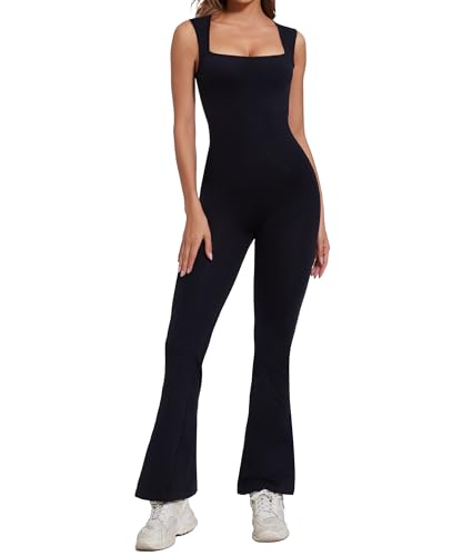 SHAPERIN Damen Flared Jumpsuit Shapewear Ärmellos Eckiger Ausschnitt Bodycon Jumpsuits Lang Overall Elegant Rompers Yoga Sport Schwarz Small von SHAPERIN