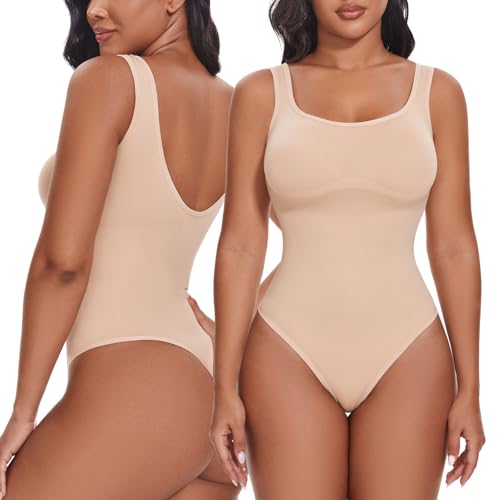 SHAPERIN Damen Formender Body Bauchweg Miederbody String Rückenfreier Shapewear Bodysuit Eckiger Ausschnitt Nahtloser Body Shaper, Beige, XXL von SHAPERIN