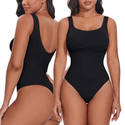 SHAPERIN Damen Formender Body Bauchweg Miederbody String Rückenfreier Shapewear Bodysuit Eckiger Ausschnitt Nahtloser Body Shaper, Schwarz, L von SHAPERIN