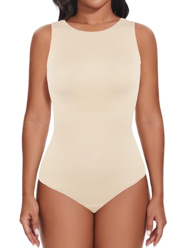 SHAPERIN Damen Formender Body Bauchweg Nahtlose Miederbody Tanga Body Shaper Rundhals Leotard Racerback Jumpsuit Top, Beige, L von SHAPERIN