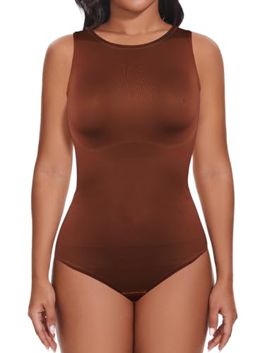 SHAPERIN Damen Formender Body Bauchweg Nahtlose Miederbody Tanga Body Shaper Rundhals Leotard Racerback Jumpsuit Top, Braun, L von SHAPERIN