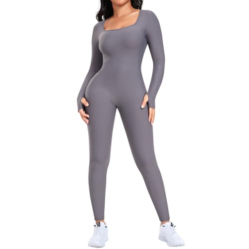 SHAPERIN Damen Jumpsuit Yoga Langarm Trainingsanzüge Hohe Taille Sportkleidung Damen Set Bodycon Bodysuit Overall Romper Long Sleeve Hosenanzug Grau 2XL von SHAPERIN