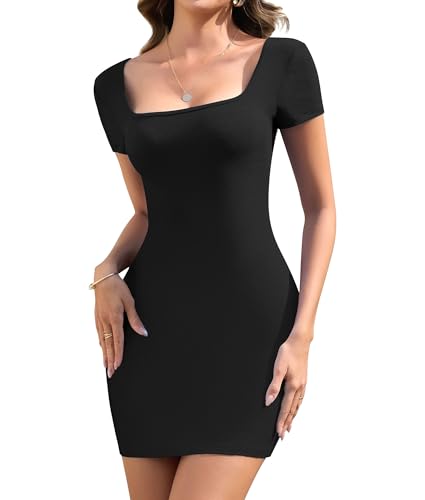 SHAPERIN Damen Kleid Kurzarm Sommerkleid Bodycon Kleid Kurz Enges Figurbetontes Minikleid Freizeitkleid Eckiger Ausschnitt Wickelkleid Schwarz S von SHAPERIN