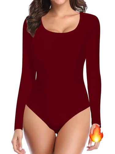 SHAPERIN Damen Langarm Body Rundhals Thermo Oberteil Bodysuit Basic T-shirt Body Herbst Winter Unterziehbody, Weinrot, L von SHAPERIN