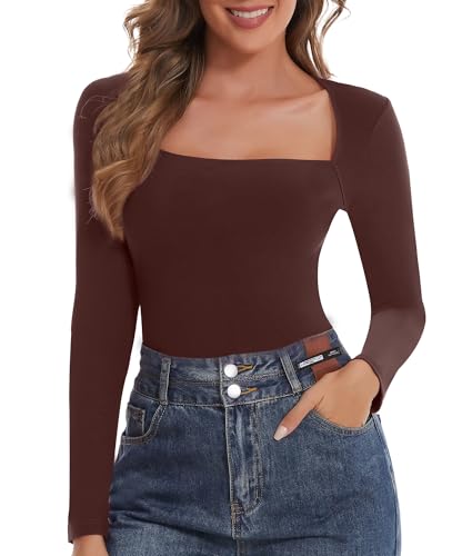 SHAPERIN Damen Langarmshirt Eckiger Ausschnitt Einfarbig Oberteil Casual Shirt Langrm Top Blusen Schmaler Passform Long Sleeve Tshirts Braun 2# L von SHAPERIN