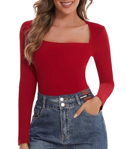 SHAPERIN Damen Langarmshirt Eckiger Ausschnitt Einfarbig Oberteil Casual Shirt Langrm Top Blusen Schmaler Passform Long Sleeve Tshirts Rot 2# XL von SHAPERIN