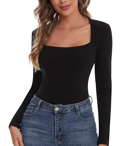 SHAPERIN Damen Langarmshirt Eckiger Ausschnitt Einfarbig Oberteil Casual Shirt Langrm Top Blusen Schmaler Passform Long Sleeve Tshirts Schwarz 2# L von SHAPERIN