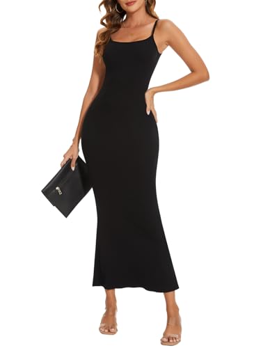 SHAPERIN Damen Maxikleider Bodycon Lange Kleider Ärmellos Spaghettiträger Kleid Figurbetonte Elegante Freizeitkleider Lounge Kleid, Schwarz, L von SHAPERIN