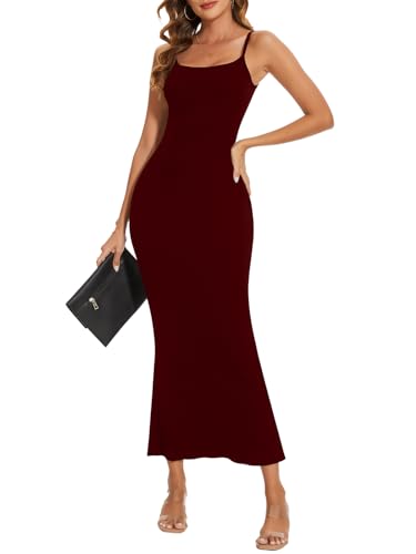 SHAPERIN Damen Maxikleider Bodycon Lange Kleider Ärmellos Spaghettiträger Kleid Figurbetonte Elegante Freizeitkleider Lounge Kleid, Weinrot, M von SHAPERIN