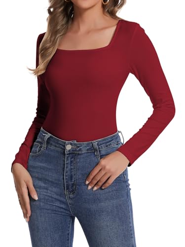 SHAPERIN Damen Oberteil Eckiger Ausschnitt Langarm Unterhemd Langarmshirt Elegant Bluse Einfarbige T-Shirt Top, Weinrot, S von SHAPERIN