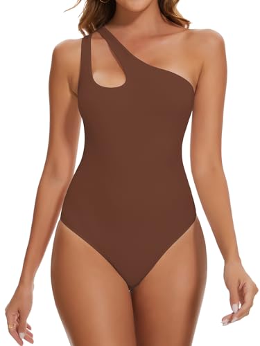 SHAPERIN Damen One Shoulder Body Sexy Cut Out Bodysuit Top Einteilige Bodysuit Tanga Sommer Oberteile Overalls. Braun, S von SHAPERIN